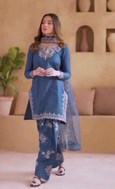 Glorious Blue Crepe Sequence Work Palazzo Suit